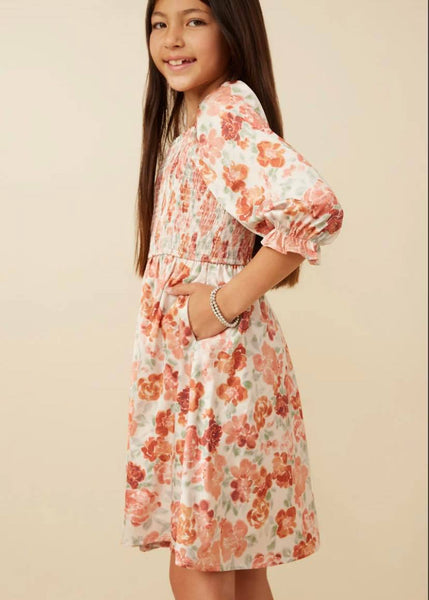 HAYDEN GIRL FLORAL PRINT CINCH CUFF SMOCKED SQUARE NECK DRESS