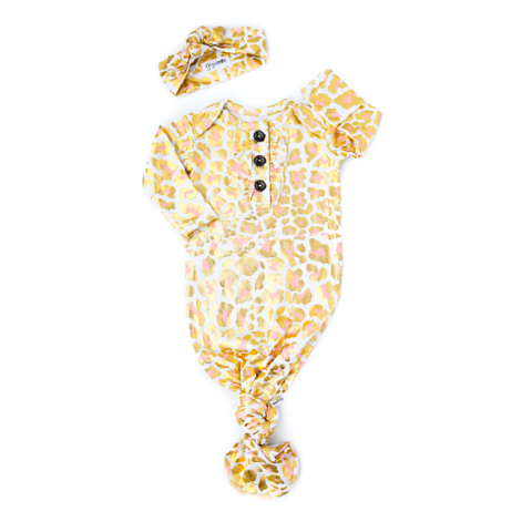 SADIE LEOPARD RUFFLE KNOTTED BUTTON NEWBORN GOWN SET