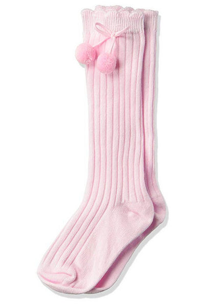 RIB POM POM KNEE HIGH IN WHITE, PINK, GREY HEATHER