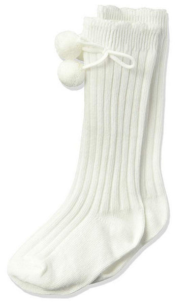 RIB POM POM KNEE HIGH IN WHITE, PINK, GREY HEATHER