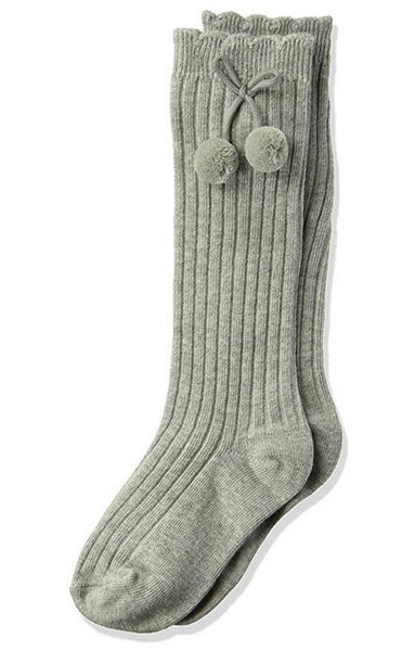 RIB POM POM KNEE HIGH IN WHITE, PINK, GREY HEATHER