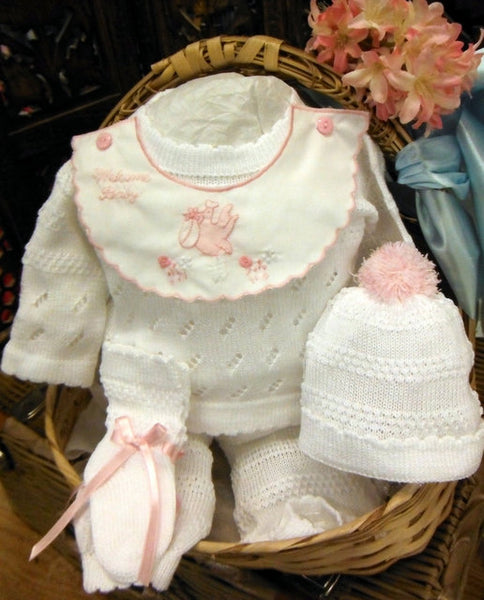 WILL'BETH 4 PIECE WELCOME BABY KNIT SET IN WHITE WITH PINK #807370