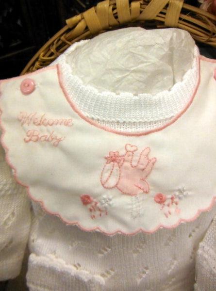 WILL'BETH 4 PIECE WELCOME BABY KNIT SET IN WHITE WITH PINK #807370