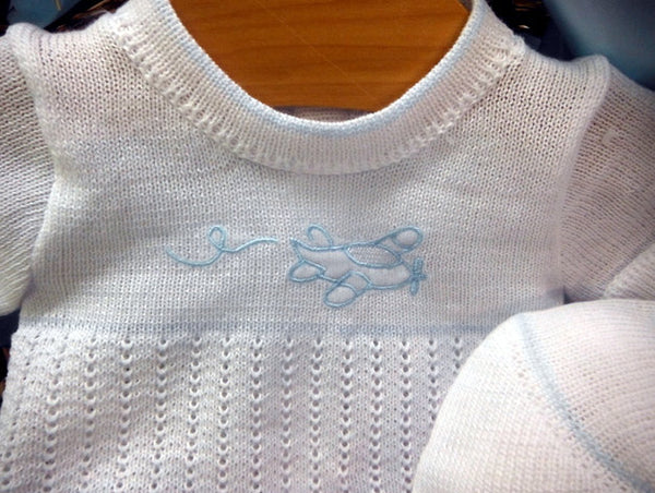 WILL'BETH 4PC WHITE AND BLUE AIRPLANE KNIT SET #855080