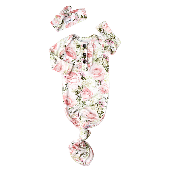 CAROLINE FLORAL KNOTTED BUTTON NEWBORN GOWN SET