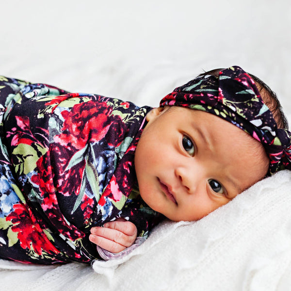 BLACK & RED FLORAL SWADDLE BLANKET & HEADBAND SET
