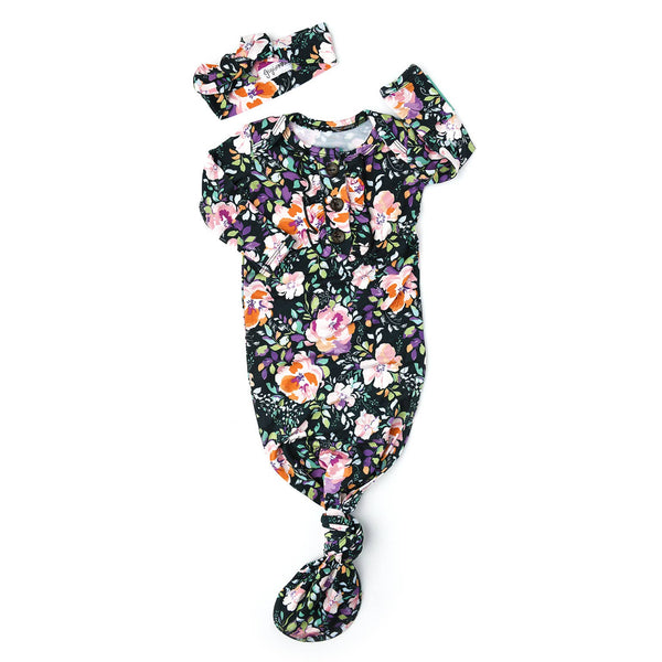 WILLOW FLORAL KNOTTED BUTTON NEWBORN GOWN SET