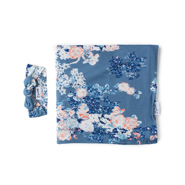 HEATHERED SLATE FLORAL SWADDLE BLANKET & HEADBAND SET