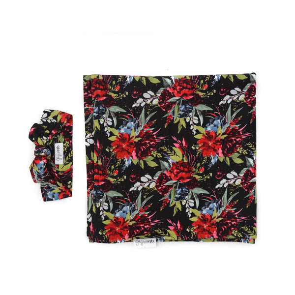 BLACK & RED FLORAL SWADDLE BLANKET & HEADBAND SET