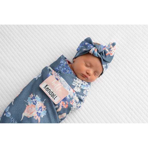 HEATHERED SLATE FLORAL SWADDLE BLANKET & HEADBAND SET