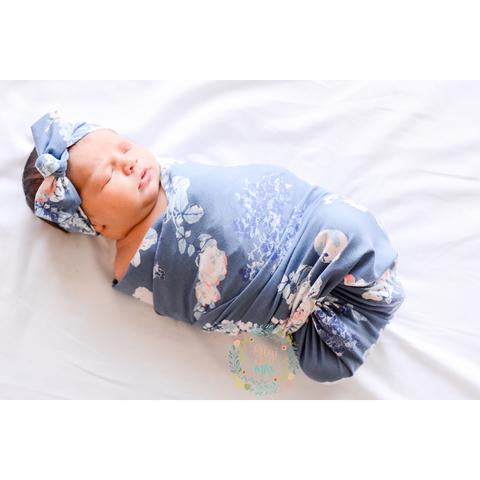 HEATHERED SLATE FLORAL SWADDLE BLANKET & HEADBAND SET