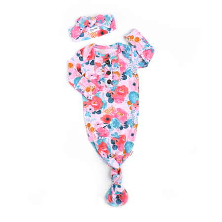 BELLA FLORAL KNOTTED BUTTON NEWBORN GOWN SET
