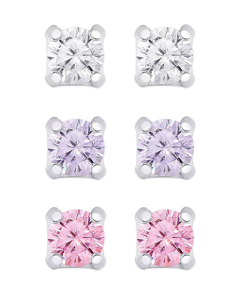 CZ STUD EARRING SET IN STERLING SILVER (WHITE CZ, LAVENDER CZ, PINK CZ)