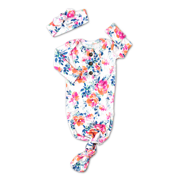 BELLA FLORAL KNOTTED BUTTON NEWBORN GOWN SET