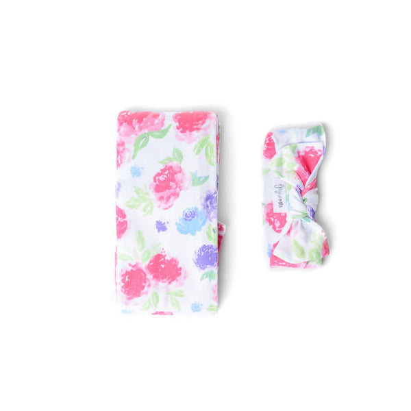 PINK PURPLE BRYNN FLORAL SWADDLE BLANKET & HEADBAND SET