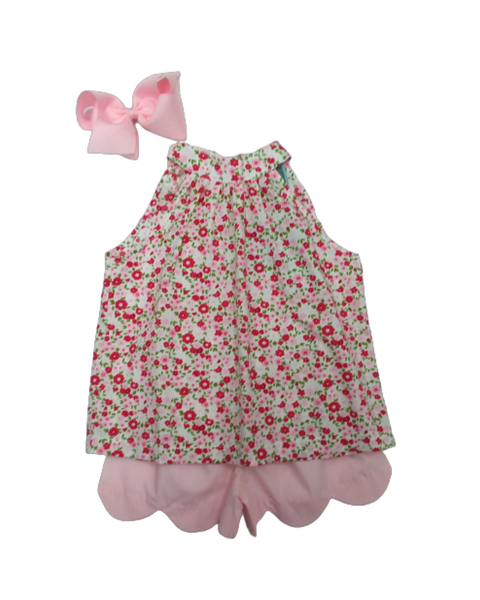 PINK FLORAL TIE NECK SHORT SET