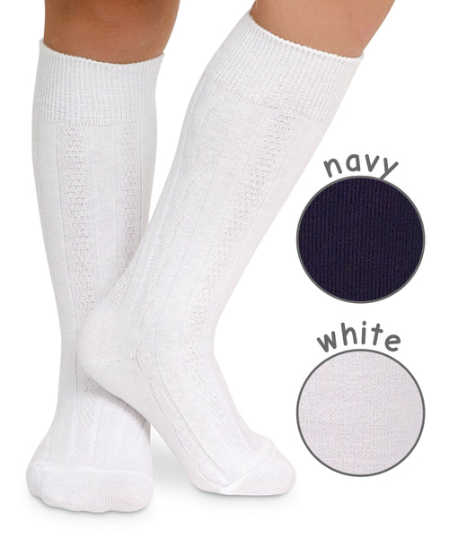 CLASSIC CABLE KNIT KNEE HIGH IN WHITE OR NAVY