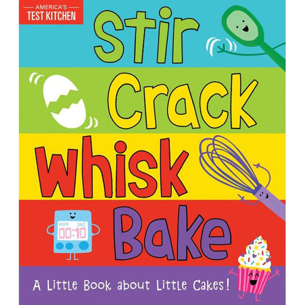 STIR CRACK WHISK BAKE BOARD BOOK, "Today is a special day because we're going to make something together! From gathering ingredients to pouring batter to swirling on frosting, little ones will experience the magic of baking cupcakes without leaving the comfort of their bedroom. Using an interactive storytelling style, Stir Crack Whisk Bake lets the tiniest chefs be in charge! In the same vein of Don't Push the Button and Tap the Magic Tree, kids can "magically" crack eggs from one page to the next or whisk