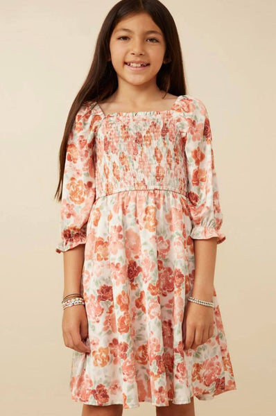 FLORAL PRINT CINCH CUFF SMOCKED SQUARE NECK DRESS
