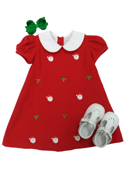 GIRL'S RED CORDUROY FLOAT DRESS WITH SANTA FACE EMBROIDERY