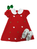 GIRL'S RED CORDUROY FLOAT DRESS WITH SANTA FACE EMBROIDERY
