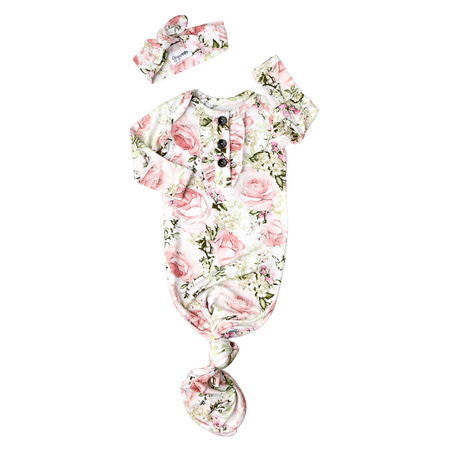 CORA FLORAL KNOTTED BUTTON NEWBORN GOWN SET