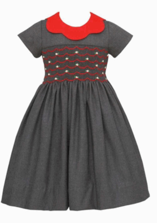 GRAY TWILL SMOCKED DRESS WITH RED SCALLOP COLLAR