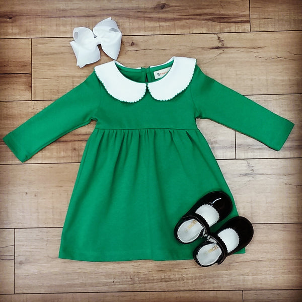 GREEN LONG SLEEVE PETER PAN COLLAR DRESS WITH PICOT EDGE DETAIL BY LUIGI #19140G