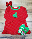 RED LONG SLEEVE POLKA DOT DRESS WITH CHRISTMAS TREE APPLIQUE BY LUIGI